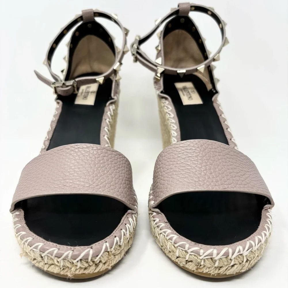 Valentino Garavani Double Rockstud Wedge Sandal 10 Poudre Espadrille Size 40 10